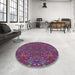 Round Machine Washable Transitional Plum Velvet Purple Rug in a Office, wshpat1756