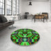 Round Patterned Neon Green Rug in a Office, pat1758grn