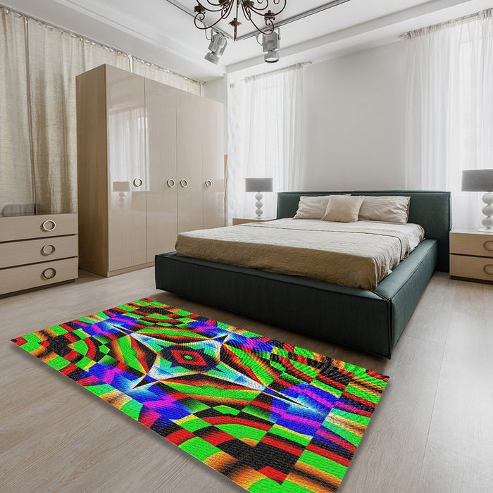 Patterned Green Modern Rug in a Bedroom, pat1758