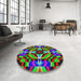 Round Machine Washable Transitional Green Rug in a Office, wshpat1758