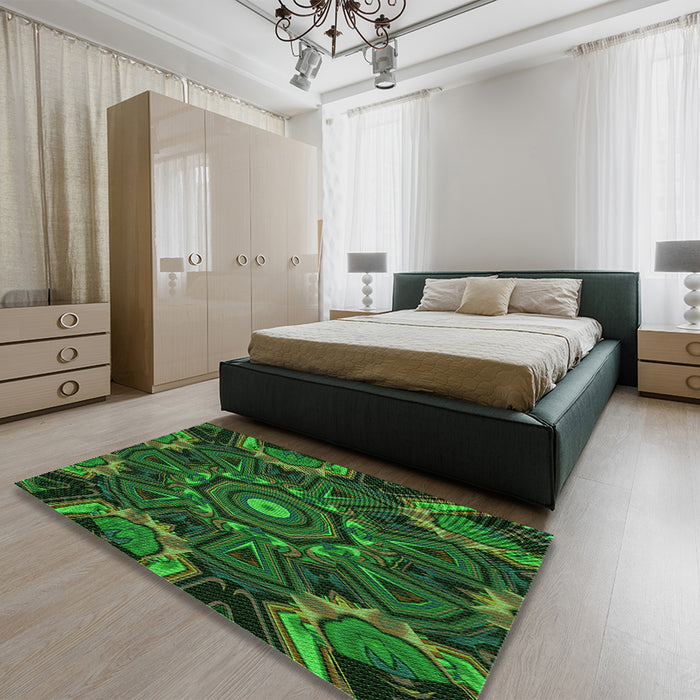 Round Machine Washable Transitional Dark Forest Green Rug in a Office, wshpat176grn