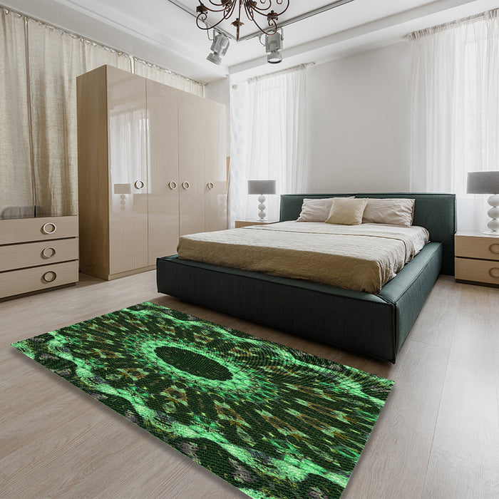 Patterned Dark Forest Green Rug in a Bedroom, pat1763grn