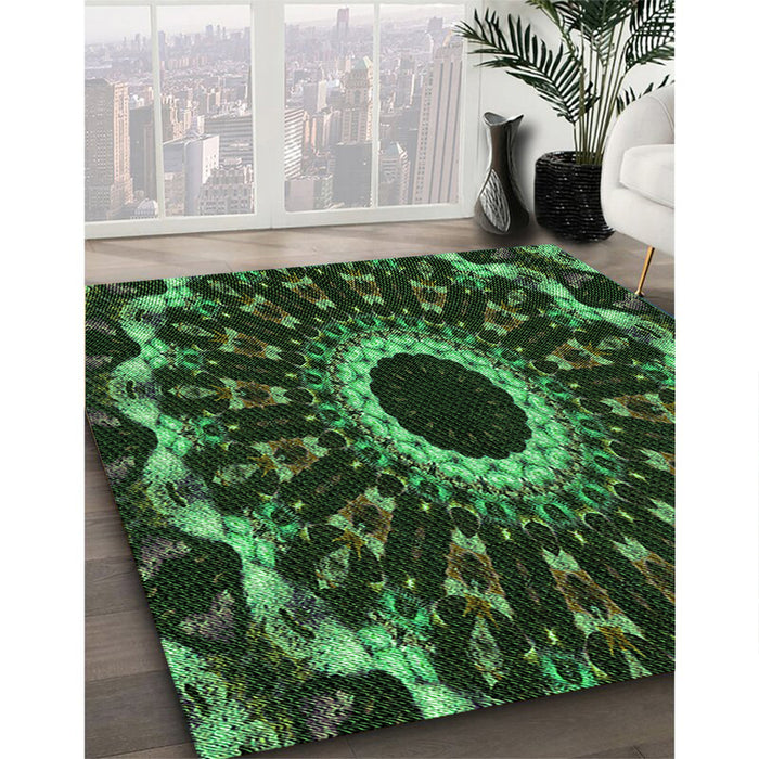 Patterned Dark Forest Green Rug in Family Room, pat1763grn