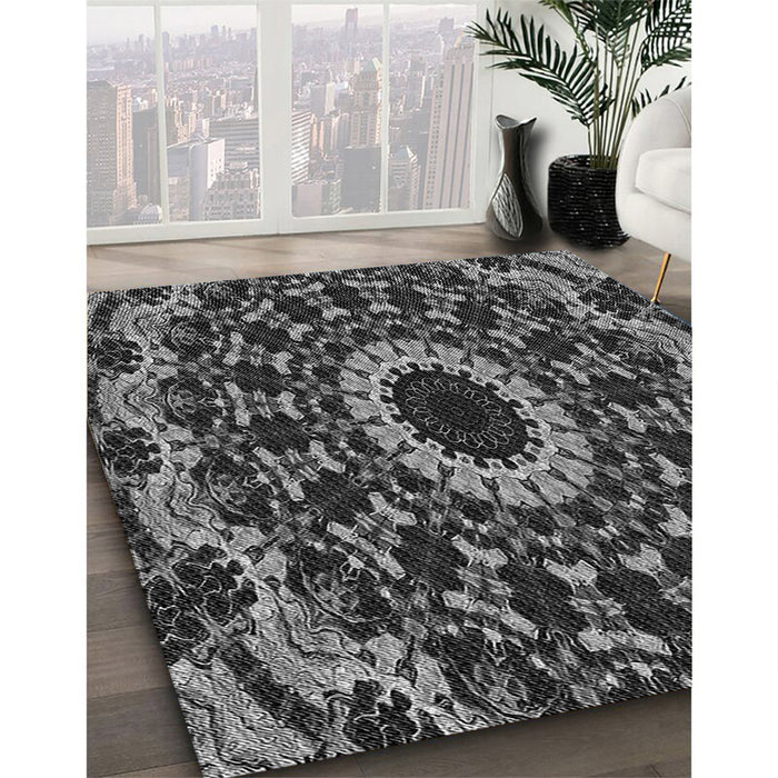 Patterned Charcoal Black Rug in Family Room, pat1764gry
