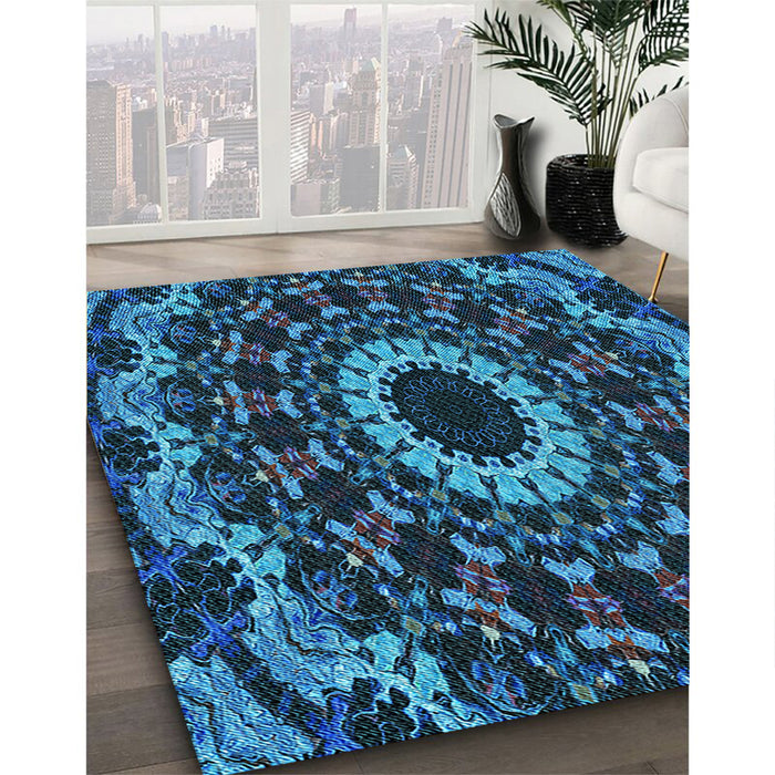 Patterned Deep-Sea Blue Rug in Family Room, pat1764lblu