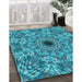 Patterned Dark Cyan Green Rug in Family Room, pat1779lblu