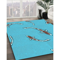 Patterned Dark Turquoise Green Rug, pat1780lblu