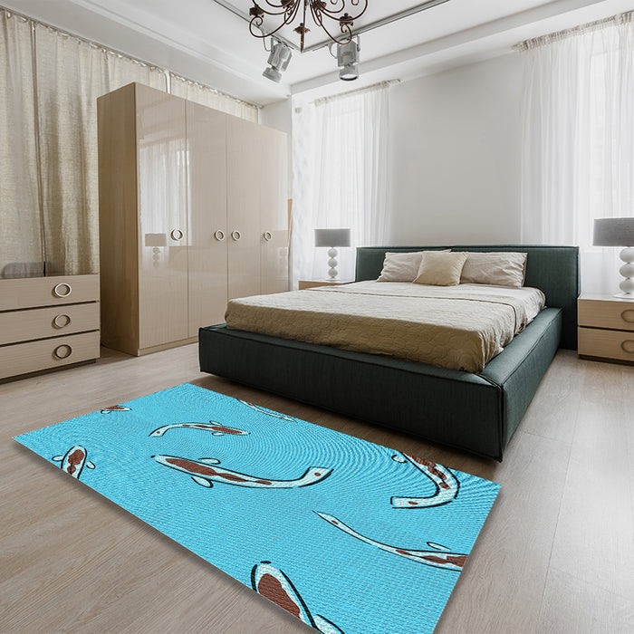 Patterned Dark Turquoise Green Rug in a Bedroom, pat1780lblu
