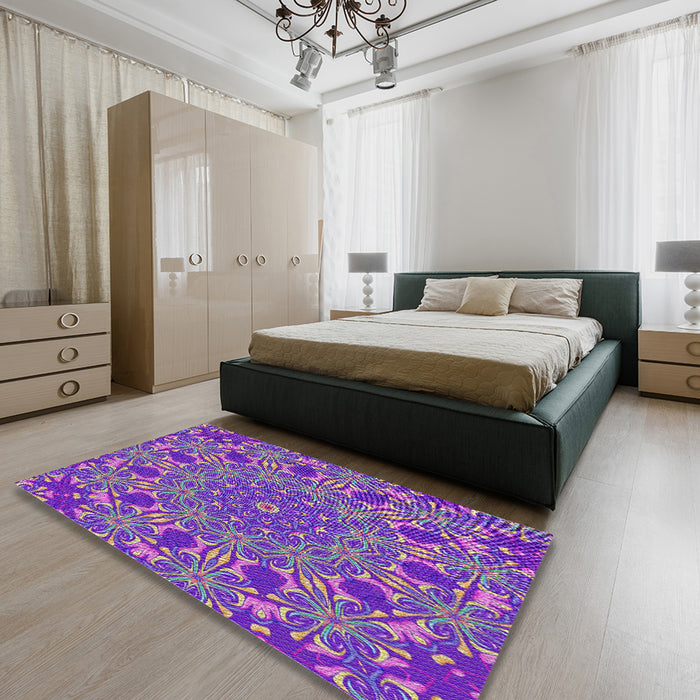 Patterned Dark Violet Purple Modern Rug in a Bedroom, pat178