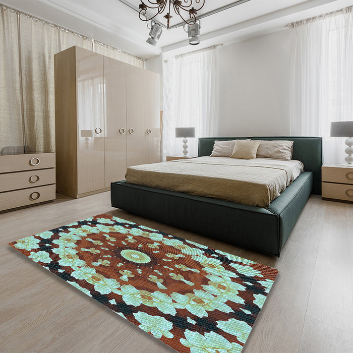 Patterned Red Brown Rug in a Bedroom, pat179lblu