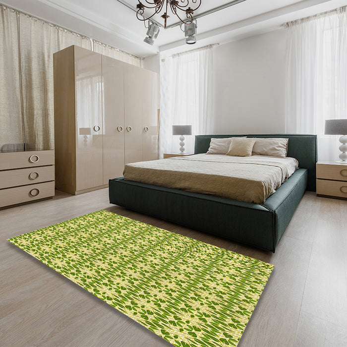 Patterned Chrome Gold Yellow Rug in a Bedroom, pat1794yw