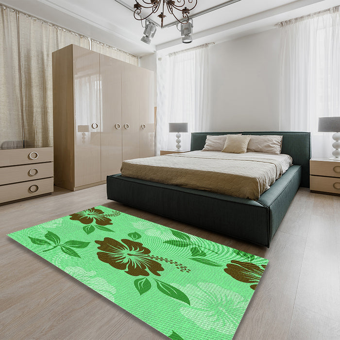 Patterned Dark Lime Green Rug in a Bedroom, pat1797grn