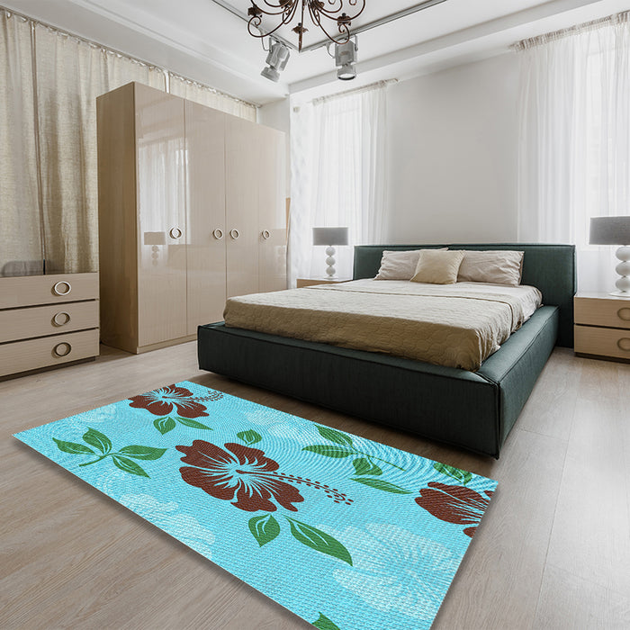 Round Machine Washable Transitional Deep-Sea Green Rug in a Office, wshpat1797lblu