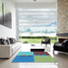 Machine Washable Transitional Turquoise Green Rug in a Kitchen, wshpat1799lblu