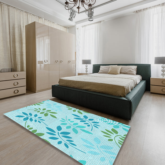 Patterned Medium Turquoise Green Rug in a Bedroom, pat1800lblu