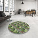 Round Patterned Army Green Abstract Machine Washable Rug in a Office, wshpat1803