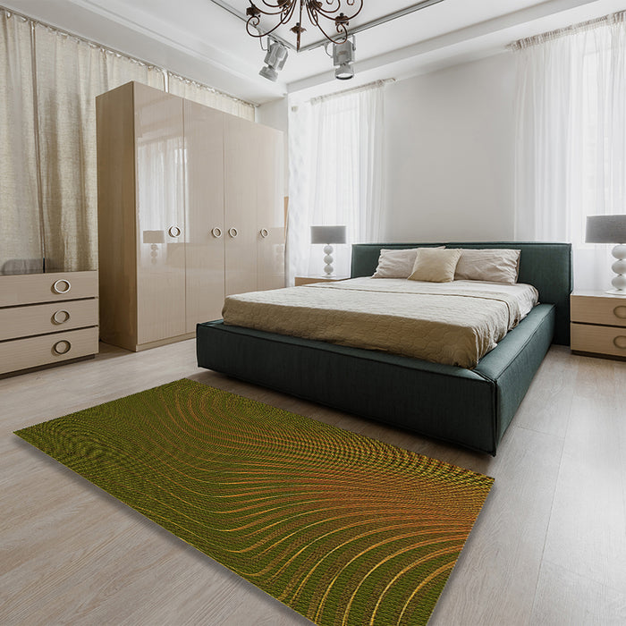 Patterned Dark Yellow Green Rug in a Bedroom, pat1822yw