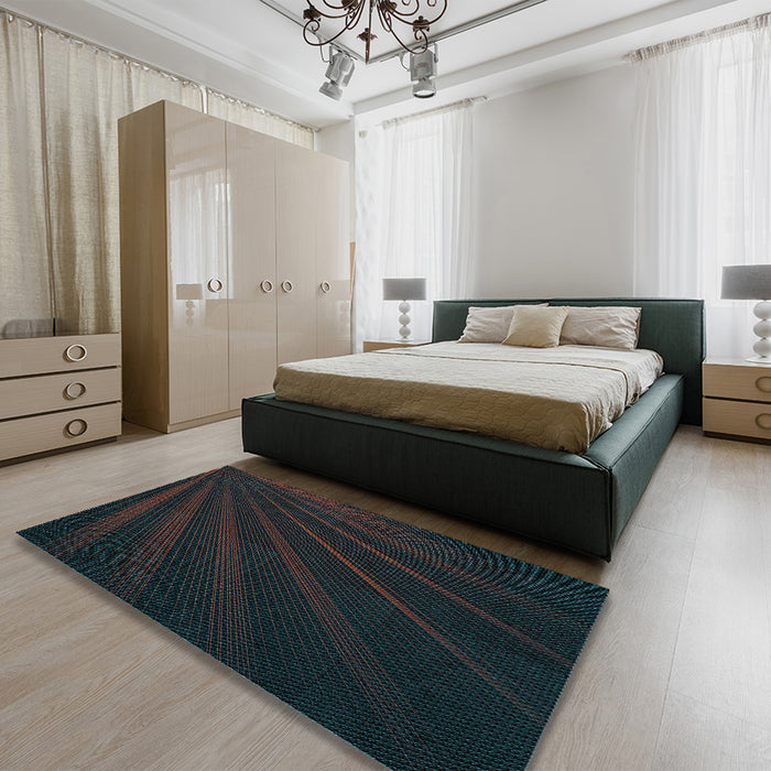 Patterned Midnight Gray Rug in a Bedroom, pat1830lblu