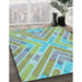 Patterned Green Rug in Family Room, pat1834lblu