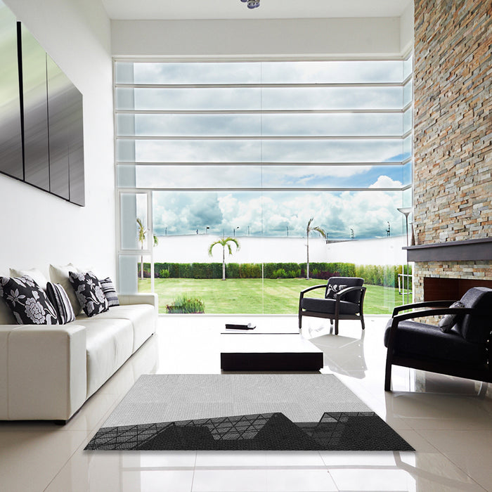 Square Patterned Platinum Gray Novelty Rug in a Living Room, pat1840