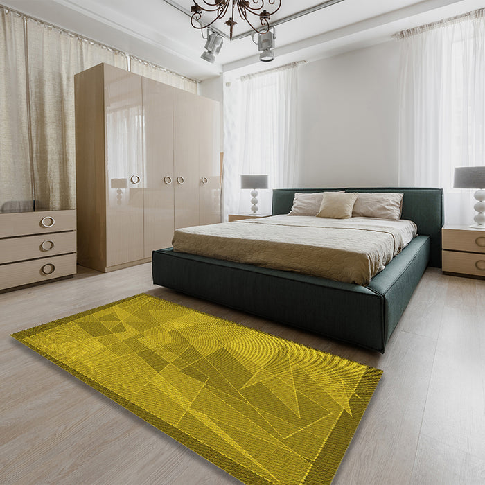 Patterned Dark Yellow Green Rug in a Bedroom, pat1841yw
