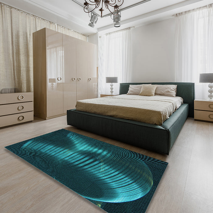 Round Machine Washable Transitional Dark Cyan Green Rug in a Office, wshpat1843lblu