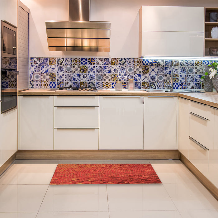 Patterned Orange Red Orange Rug in a Kitchen, pat1854org