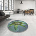 Round Machine Washable Transitional Dark Sea Green Rug in a Office, wshpat1857