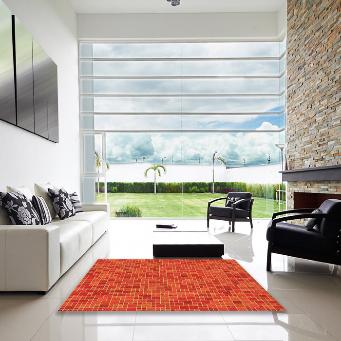 Square Patterned Neon Orange Rug in a Living Room, pat1860yw