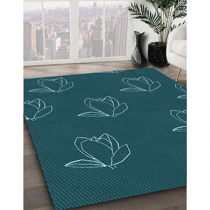 Patterned Dark Cyan Green Rug in Family Room, pat1861lblu