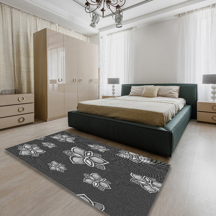 Patterned Charcoal Black Novelty Rug in a Bedroom, pat1865