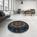 Round Machine Washable Transitional Black Rug in a Office, wshpat1866