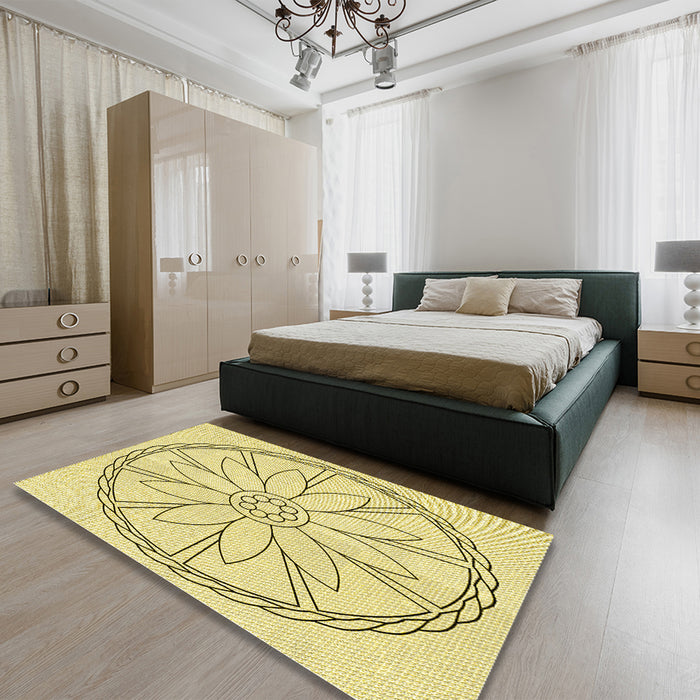 Round Machine Washable Transitional Sun Yellow Rug in a Office, wshpat1868yw