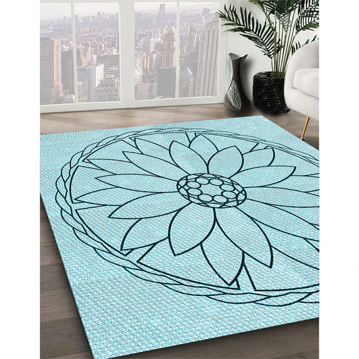 Patterned Electric Blue Rug in Family Room, pat1869lblu