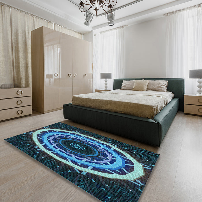 Patterned Blue Ivy Blue Rug in a Bedroom, pat1870lblu