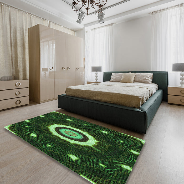 Patterned Dark Lime Green Rug in a Bedroom, pat1872grn