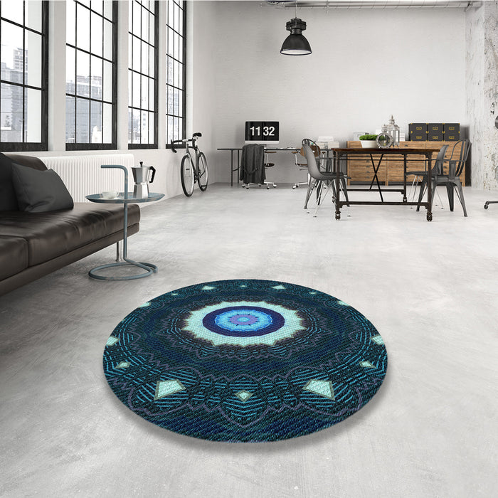 Round Patterned Glacial Blue Ice Blue Rug in a Office, pat1872lblu