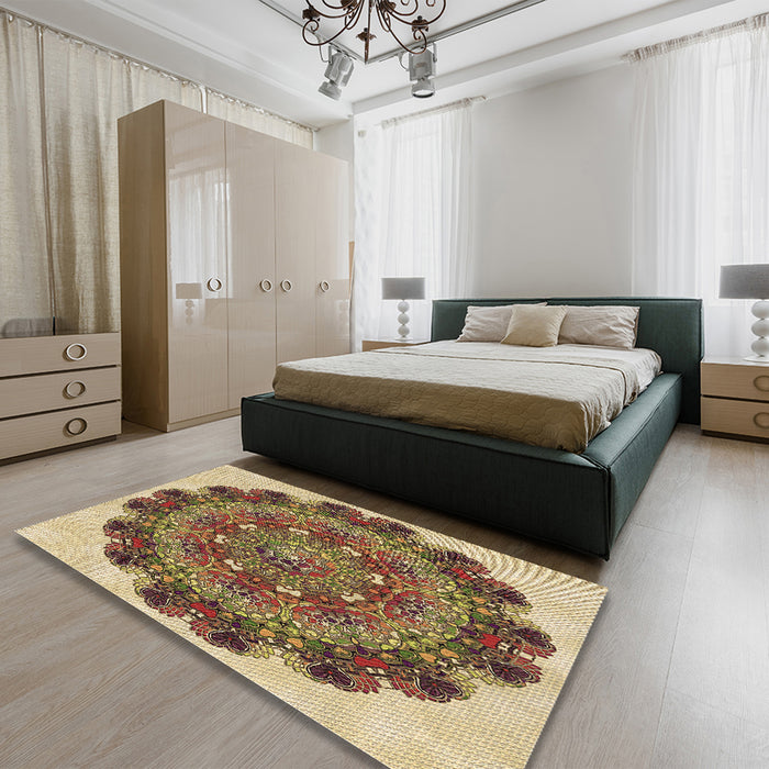 Round Machine Washable Transitional Yellow Rug in a Office, wshpat1874brn