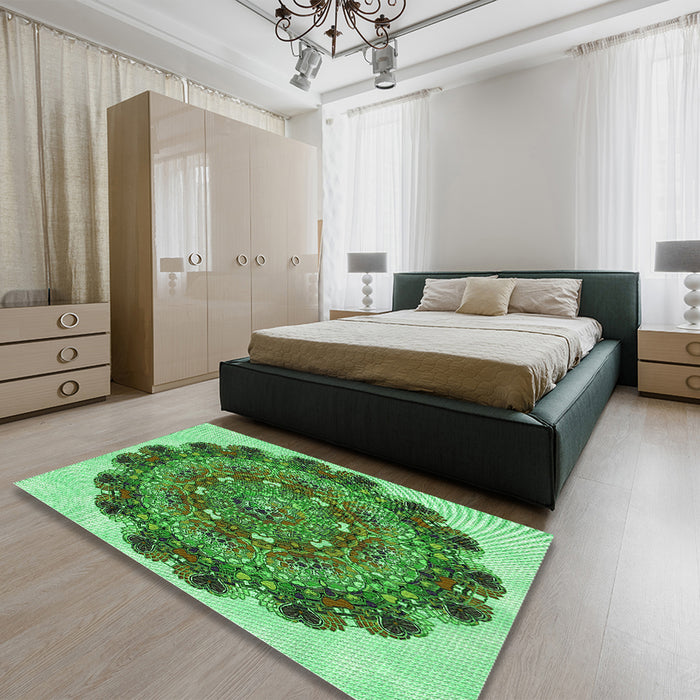 Patterned Green Rug in a Bedroom, pat1874grn