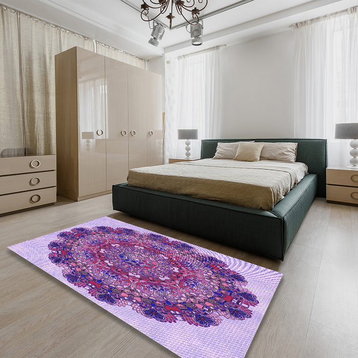 Round Machine Washable Transitional Bright Lilac Purple Rug in a Office, wshpat1874pur