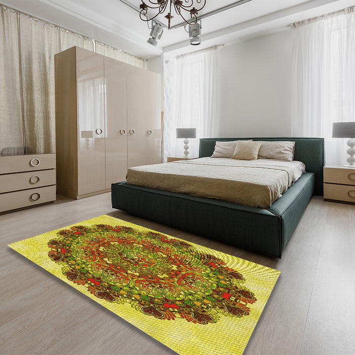 Patterned Saddle Brown Rug in a Bedroom, pat1874yw