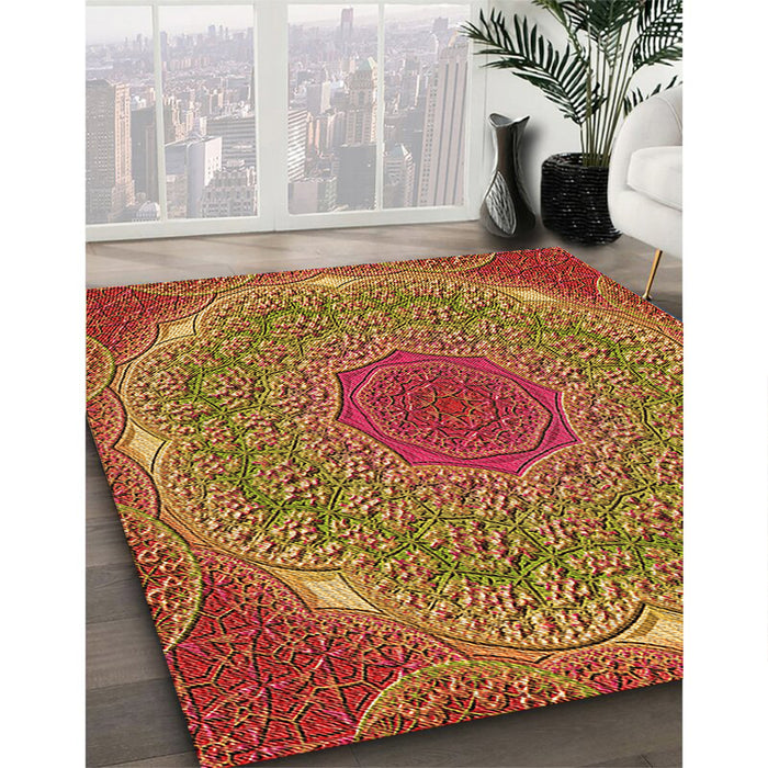 Patterned Yellow Rug in Family Room, pat1875org