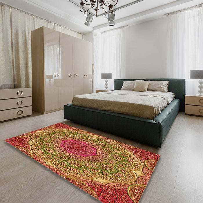 Patterned Yellow Rug in a Bedroom, pat1875org