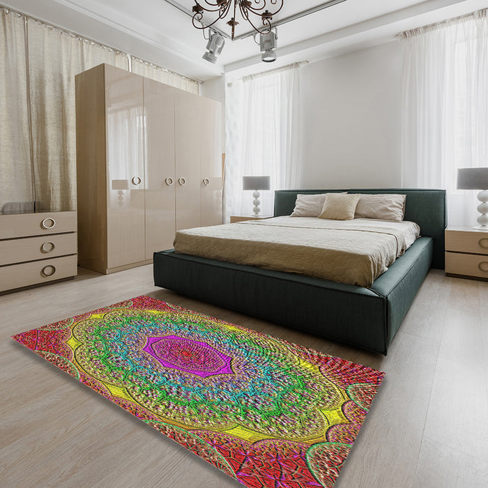 Machine Washable Transitional Brown Red Rug in a Bedroom, wshpat1875