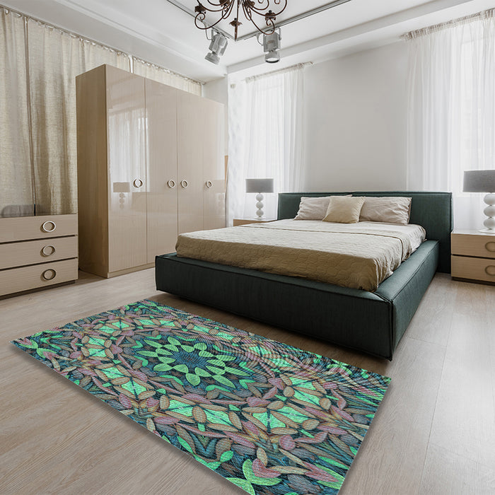 Patterned Mint Green Rug in a Bedroom, pat1876lblu