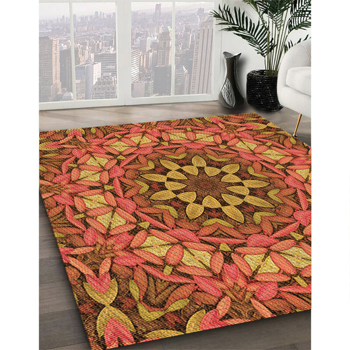 Patterned Tomato Red Rug in Family Room, pat1876org