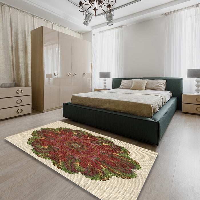 Round Machine Washable Transitional Saffron Red Rug in a Office, wshpat1878brn