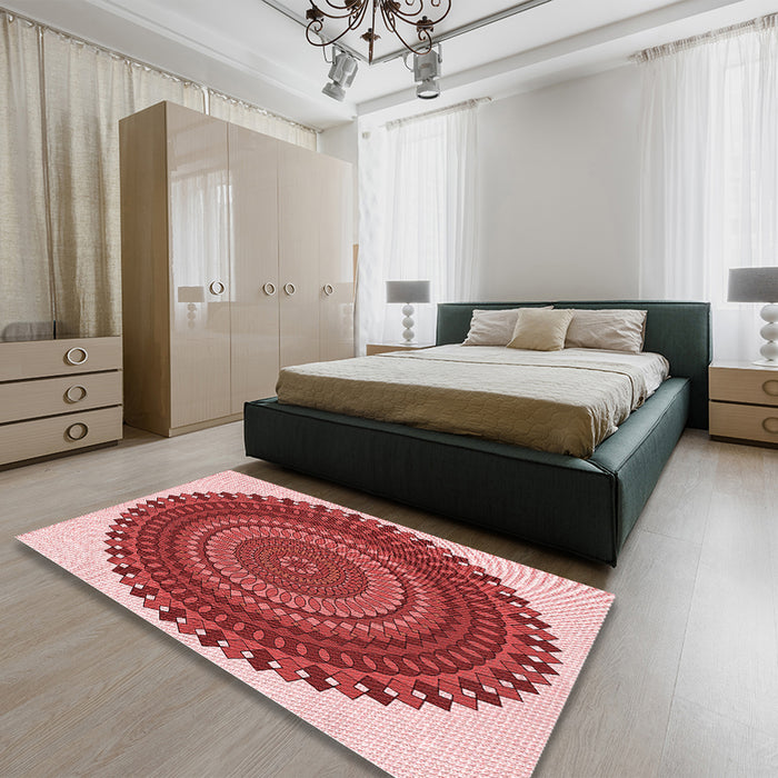 Patterned Light Coral Pink Rug in a Bedroom, pat1879rd
