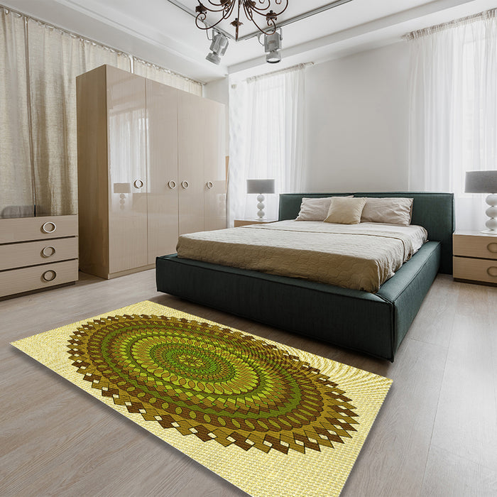 Patterned Dark Bronze Brown Rug in a Bedroom, pat1879yw