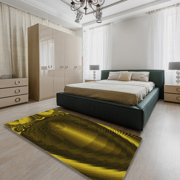 Patterned Dark Yellow Green Rug in a Bedroom, pat188yw